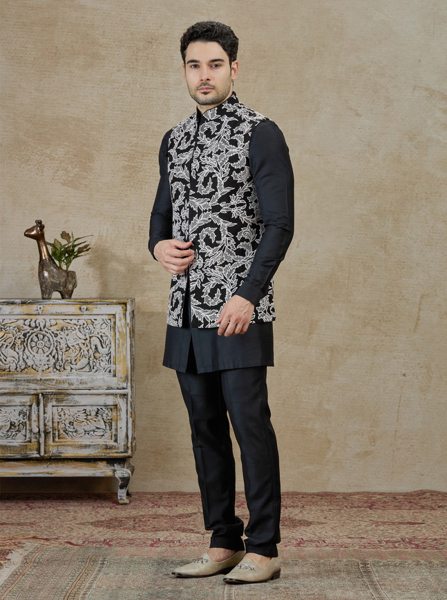 Black Embroidered Kurta Pajama with Koti | TULA