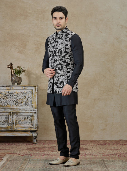 Black Embroidered Kurta Pajama with Koti | TULA