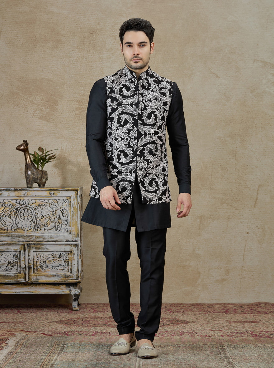 Black Embroidered Kurta Pajama with Koti | TULA