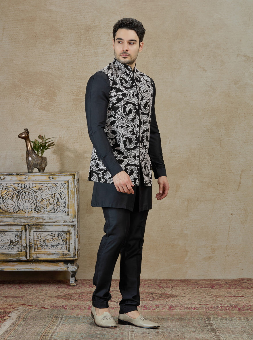 Black Embroidered Kurta Pajama with Koti | TULA