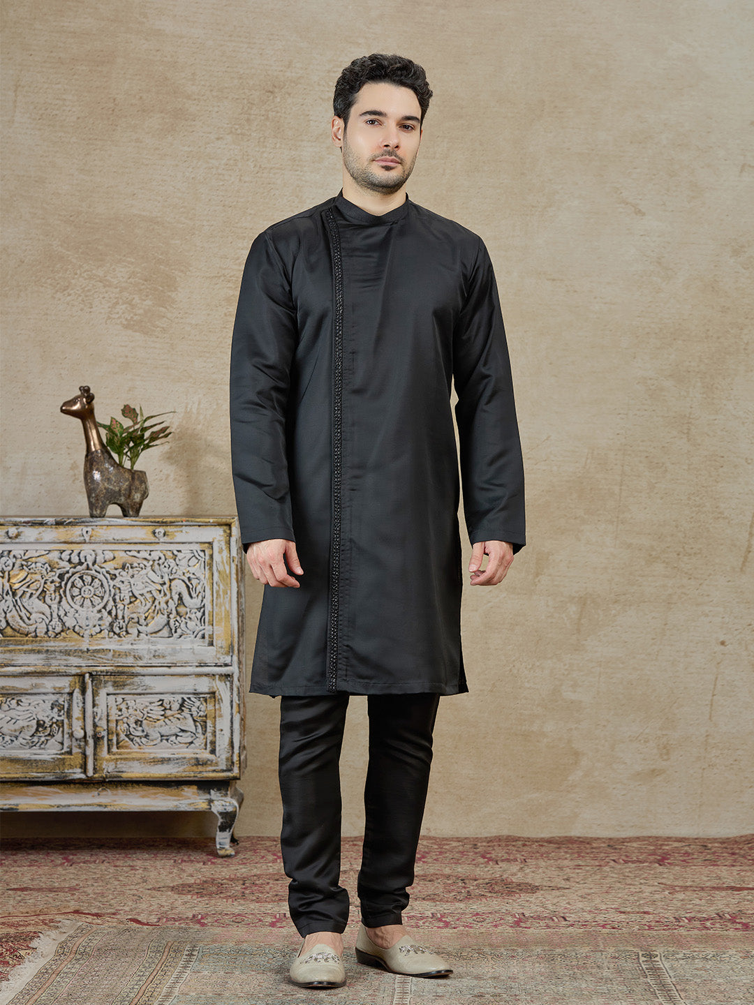 Black Embroidered Kurta Pajama with Koti | TULA