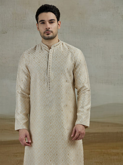 Beige & Golden Embroidered Kurta Pajama | JB X JB