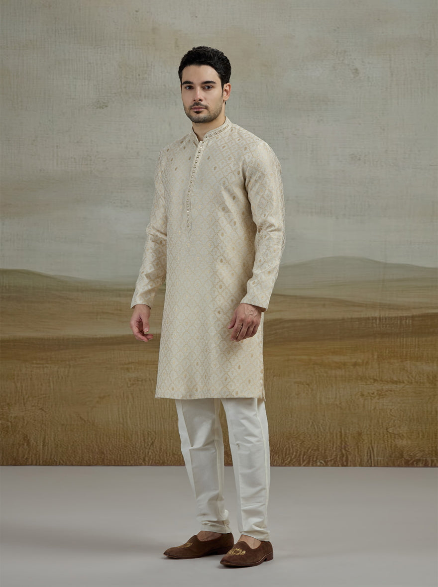 Beige & Golden Embroidered Kurta Pajama | JB X JB