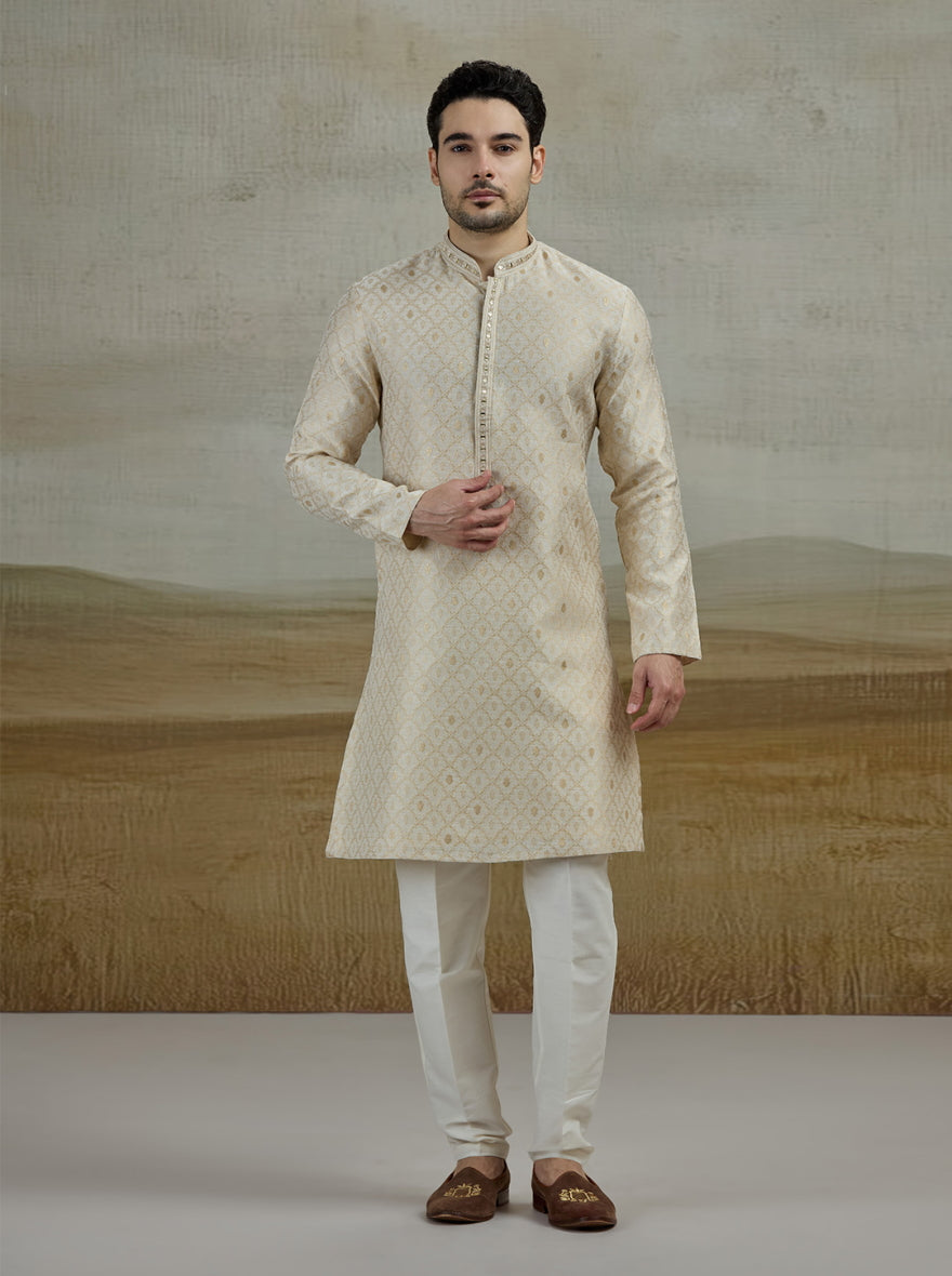 Beige & Golden Embroidered Kurta Pajama | JB X JB