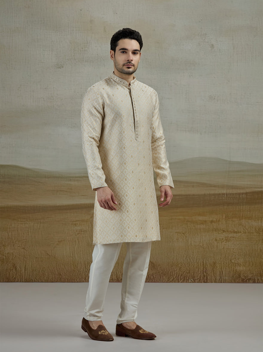Beige & Golden Embroidered Kurta Pajama | JB X JB