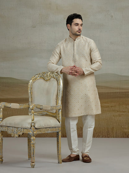 Beige & Golden Embroidered Kurta Pajama | JB X JB