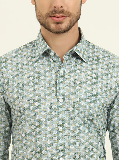 Green Printed Slim Fit Formal Shirt | JadeBlue Youth