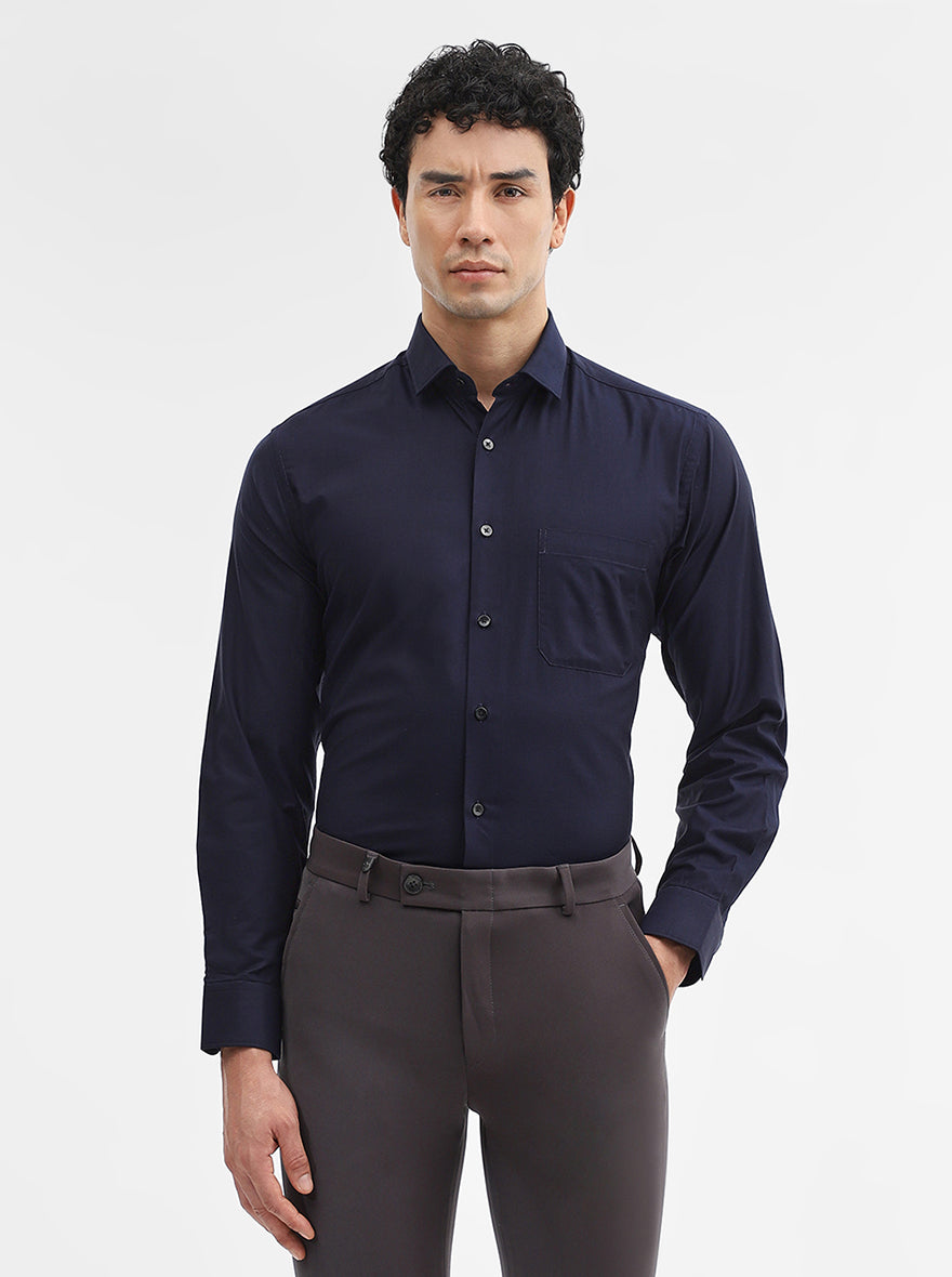 Navy Blue Solid Slim Fit Formal Shirt | Metal