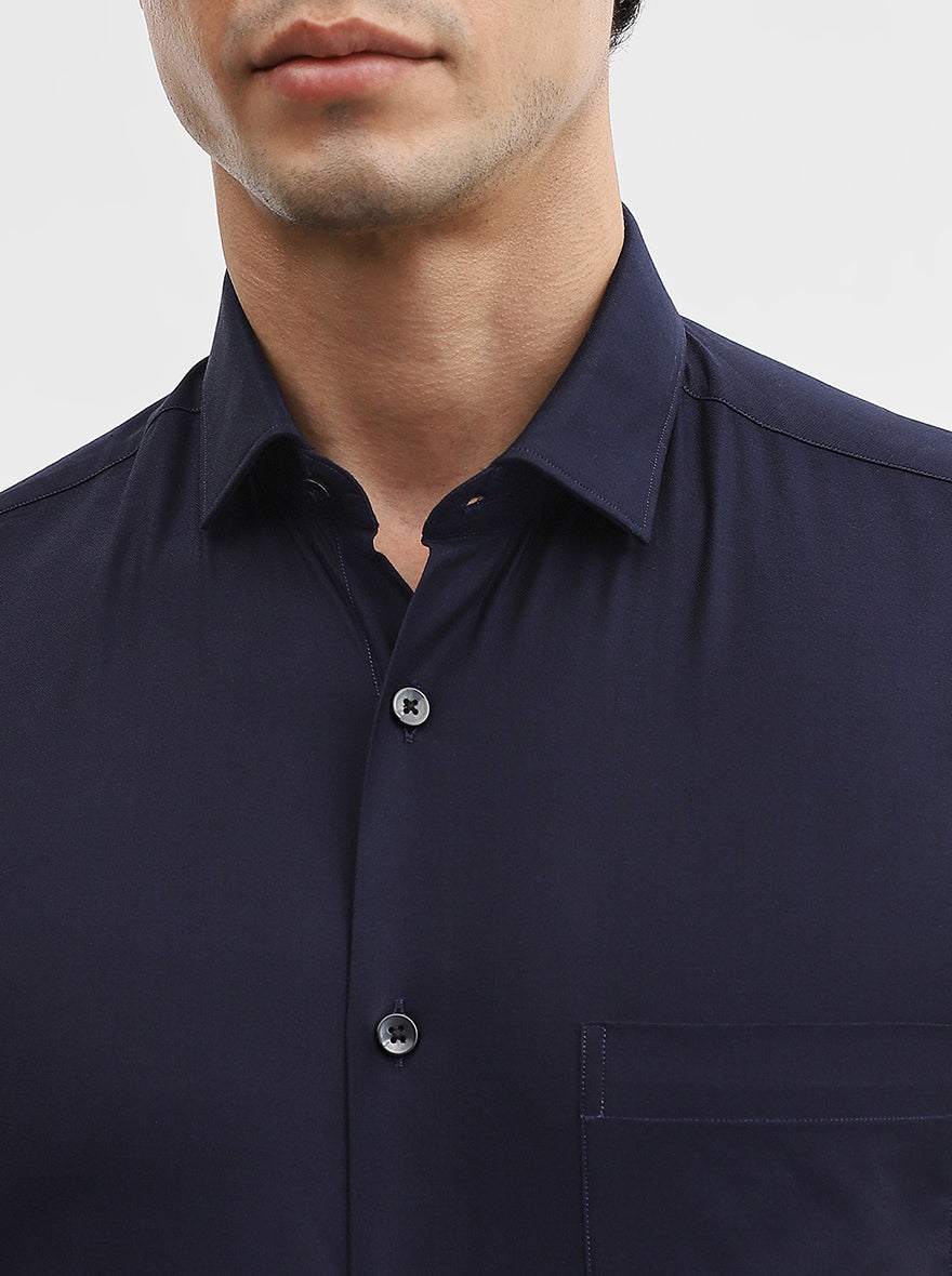 Navy Blue Solid Slim Fit Formal Shirt | Metal