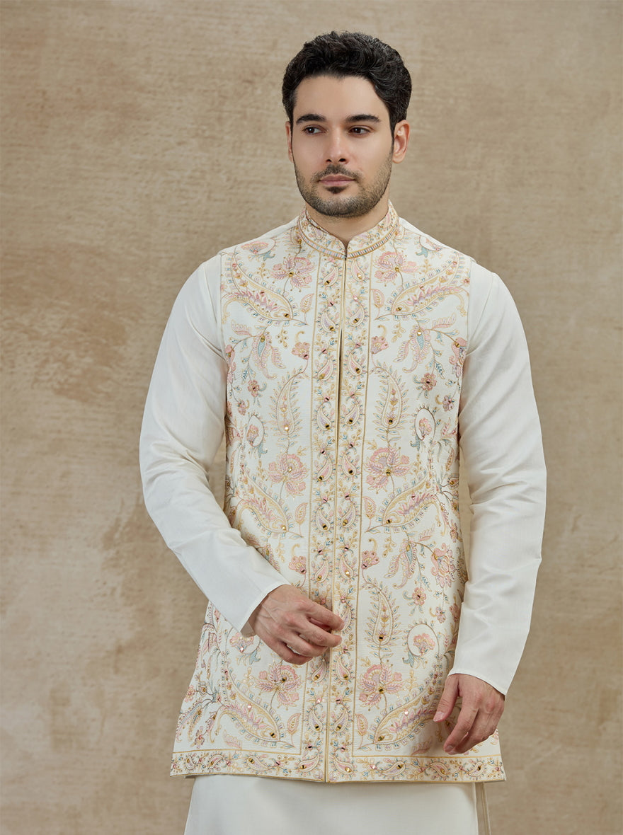 Cream Embroidered Kurta Pajama with Koti | Virasana