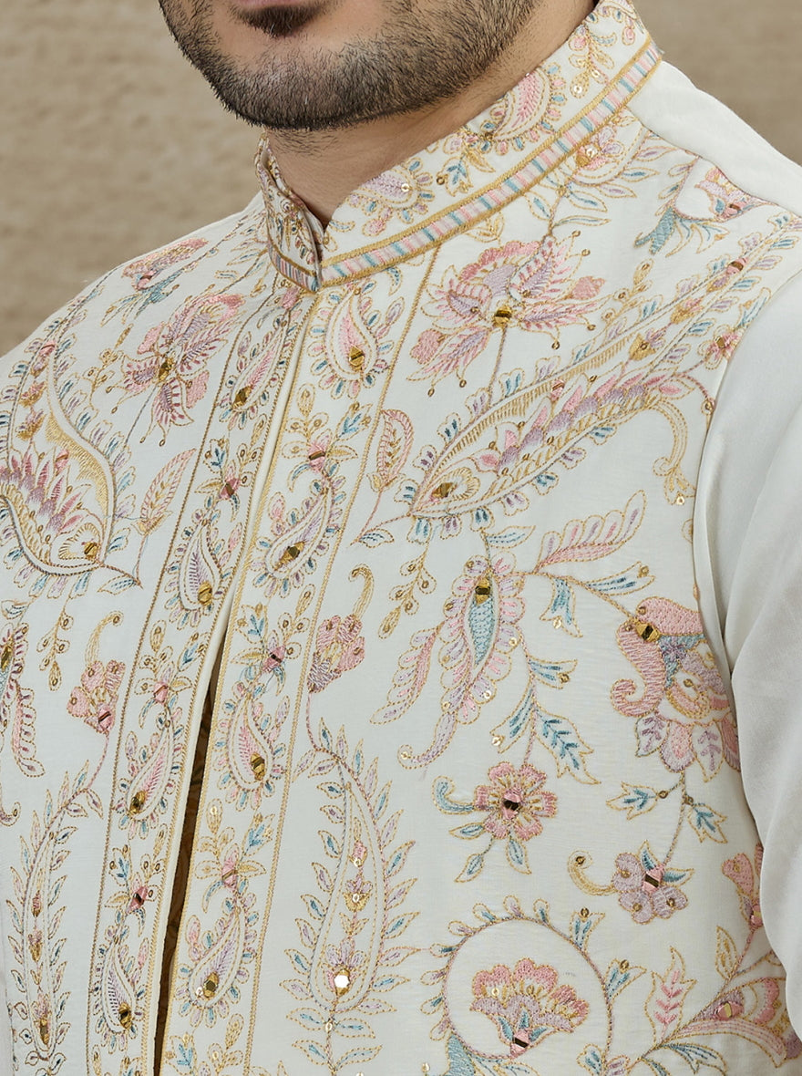 Cream Embroidered Kurta Pajama with Koti | Virasana