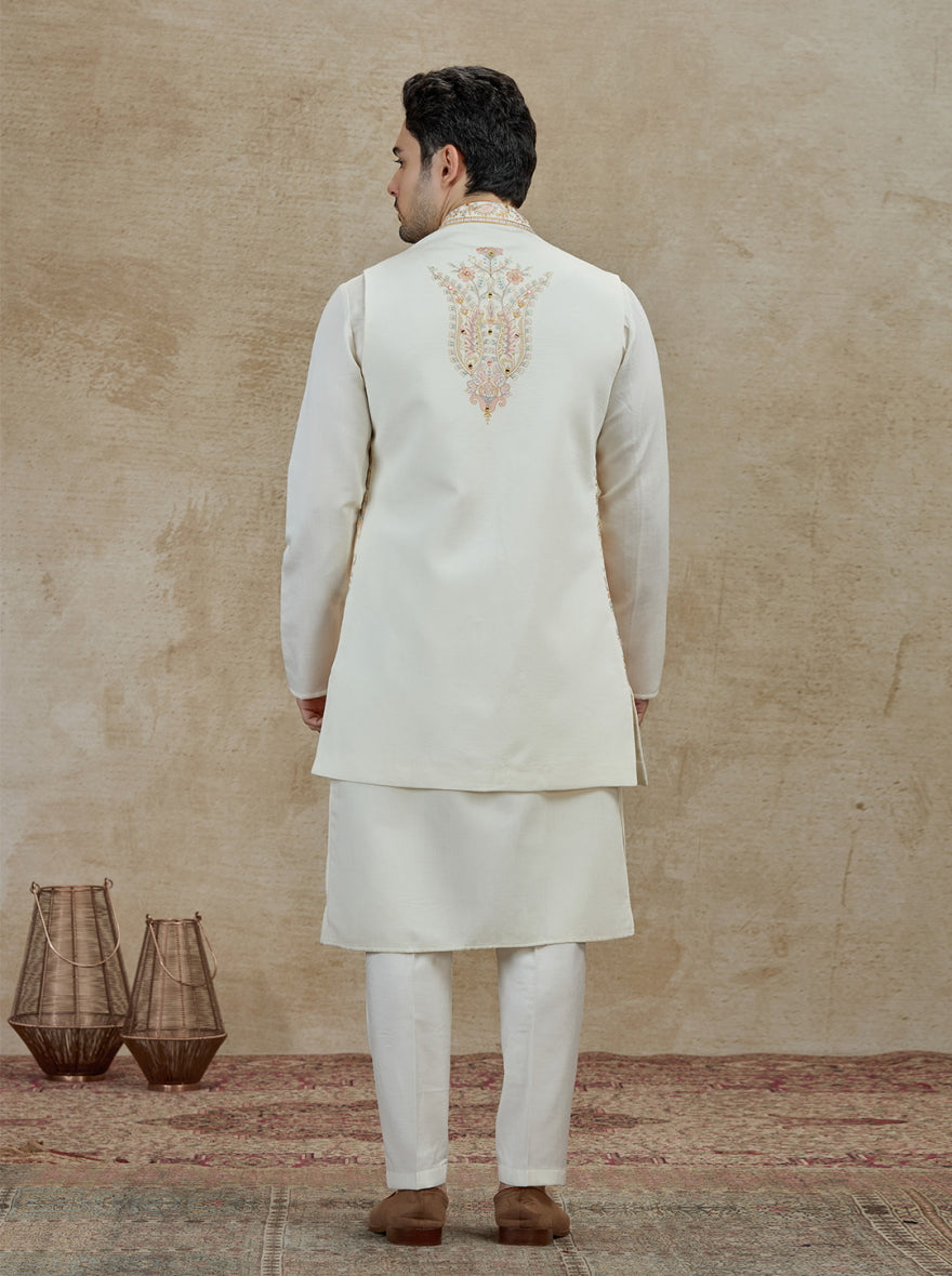 Cream Embroidered Kurta Pajama with Koti | Virasana