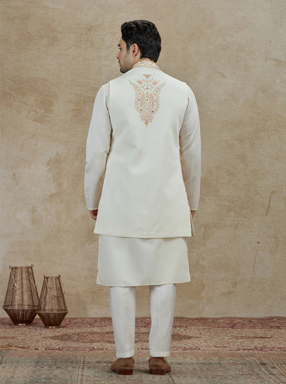 Cream Embroidered Kurta Pajama with Koti | Virasana