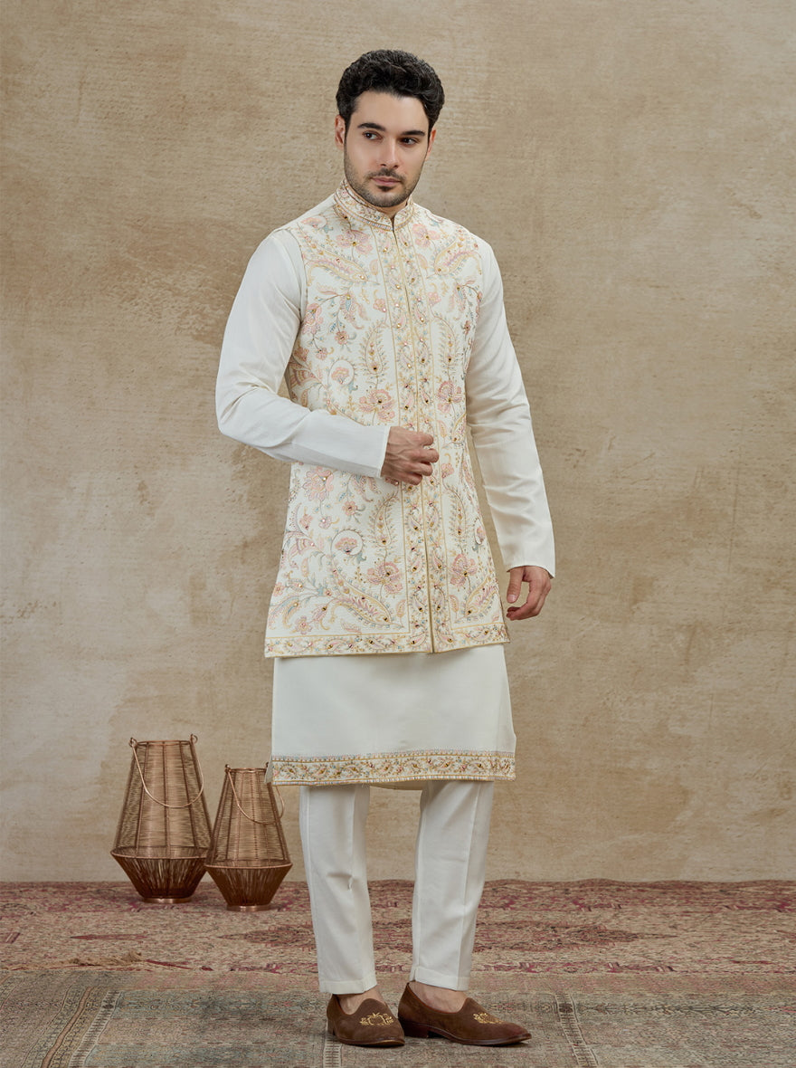 Cream Embroidered Kurta Pajama with Koti | Virasana