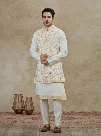 Cream Embroidered Kurta Pajama with Koti | Virasana