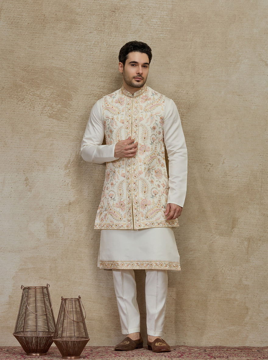 Cream Embroidered Kurta Pajama with Koti | Virasana