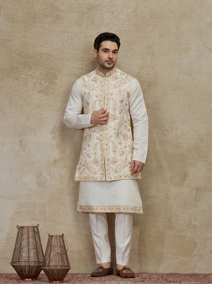 Cream Embroidered Kurta Pajama with Koti | Virasana