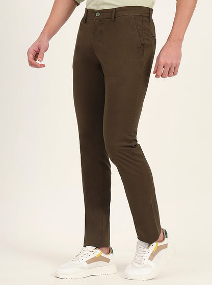 Olive Brown Solid Super Slim Fit Casual Trouser | Greenfibre