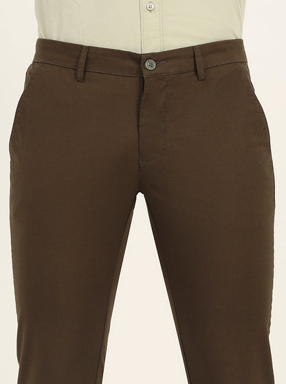 Olive Brown Solid Super Slim Fit Casual Trouser | Greenfibre