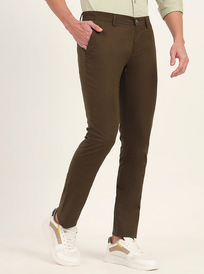 Olive Brown Solid Super Slim Fit Casual Trouser | Greenfibre