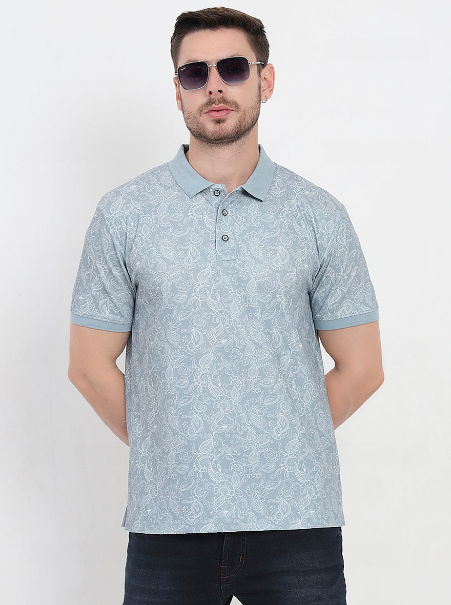 Grey Printed Slim Fit Polo T-Shirt | JadeBlue