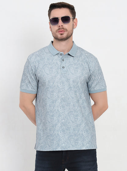 Grey Printed Slim Fit Polo T-Shirt | JadeBlue