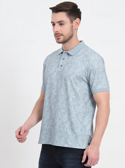 Grey Printed Slim Fit Polo T-Shirt | JadeBlue