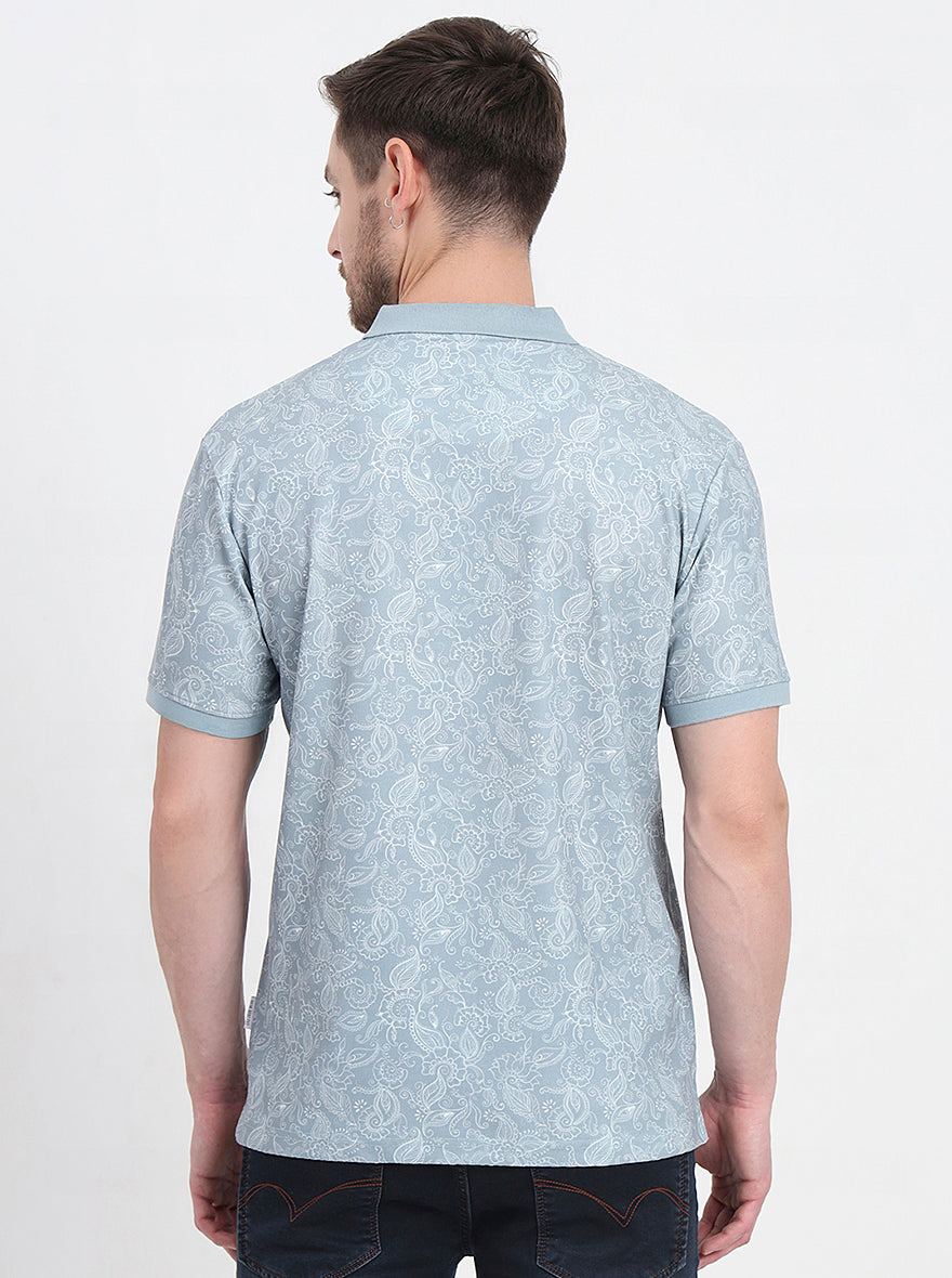 Grey Printed Slim Fit Polo T-Shirt | JadeBlue