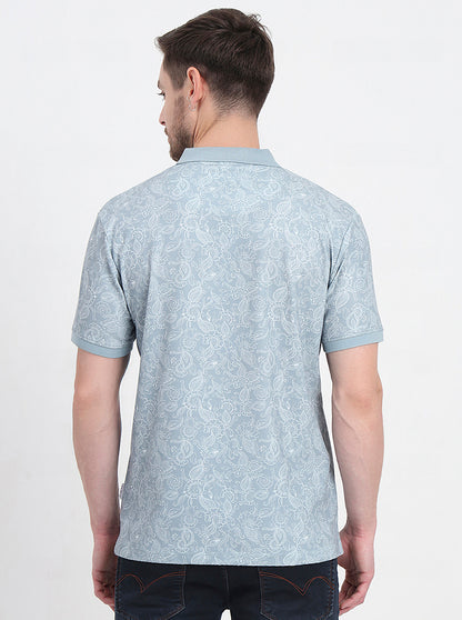 Grey Printed Slim Fit Polo T-Shirt | JadeBlue