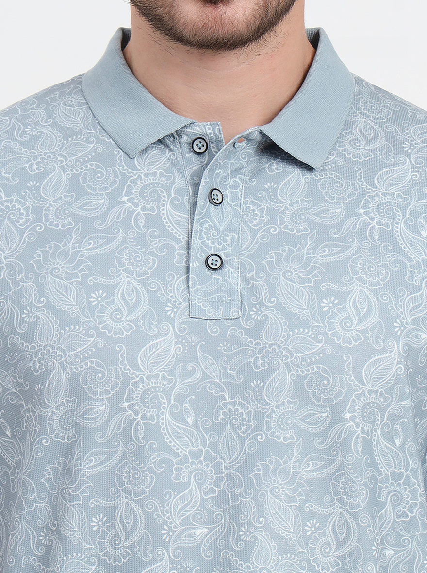 Grey Printed Slim Fit Polo T-Shirt | JadeBlue