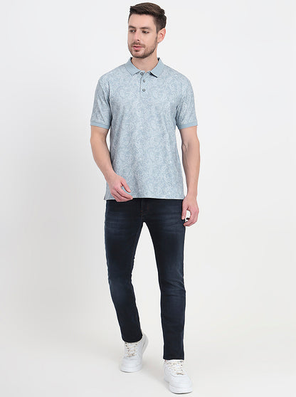 Grey Printed Slim Fit Polo T-Shirt | JadeBlue