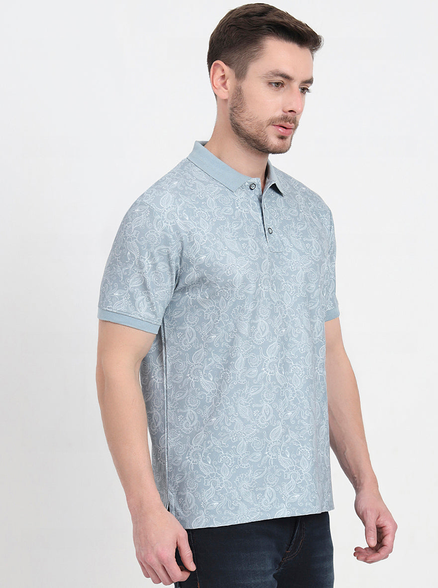 Grey Printed Slim Fit Polo T-Shirt | JadeBlue