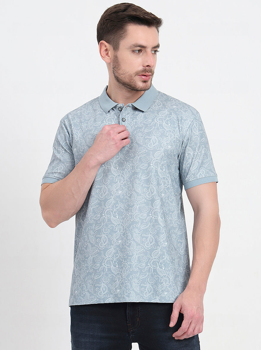 Grey Printed Slim Fit Polo T-Shirt | JadeBlue