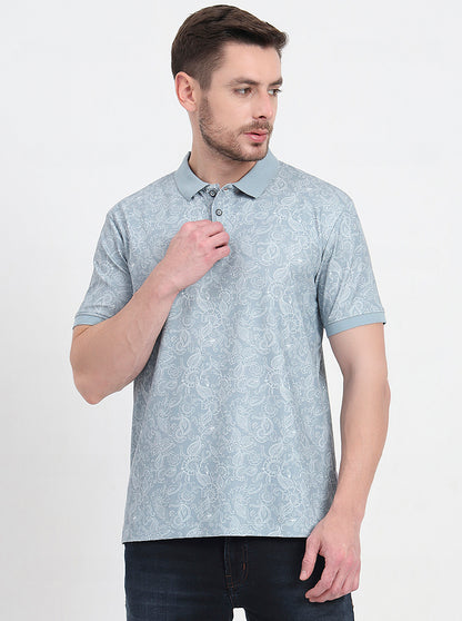Grey Printed Slim Fit Polo T-Shirt | JadeBlue