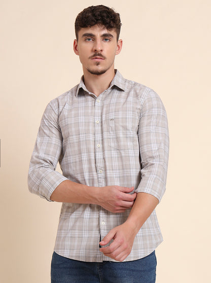Grey Checked Slim Fit Casual Shirt | JadeBlue