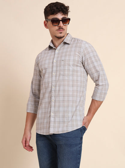 Grey Checked Slim Fit Casual Shirt | JadeBlue