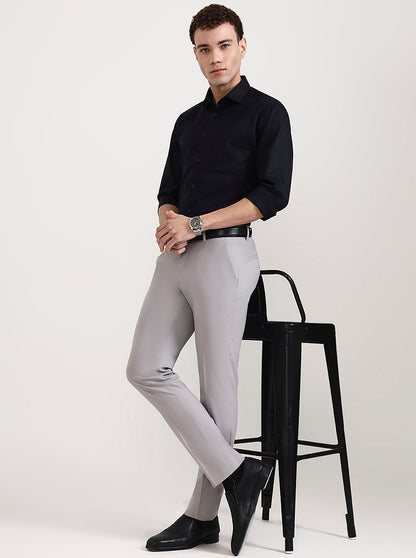 Light Grey Solid Slim Fit Formal Trouser | Greenfibre