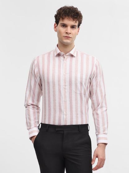 Pink & White Striped Slim Fit Formal Shirt | Greenfibre