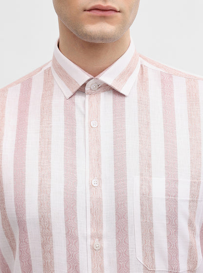 Pink & White Striped Slim Fit Formal Shirt | Greenfibre
