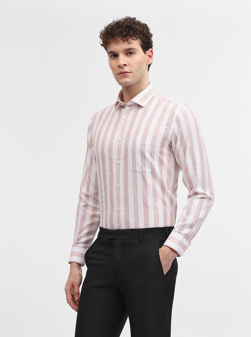 Pink & White Striped Slim Fit Formal Shirt | Greenfibre