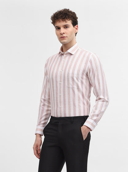 Pink & White Striped Slim Fit Formal Shirt | Greenfibre