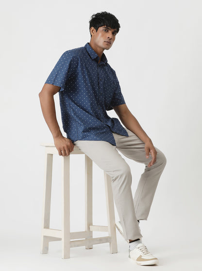 Navy Blue Printed Smart Fit Semi Casual Shirt | Greenfibre