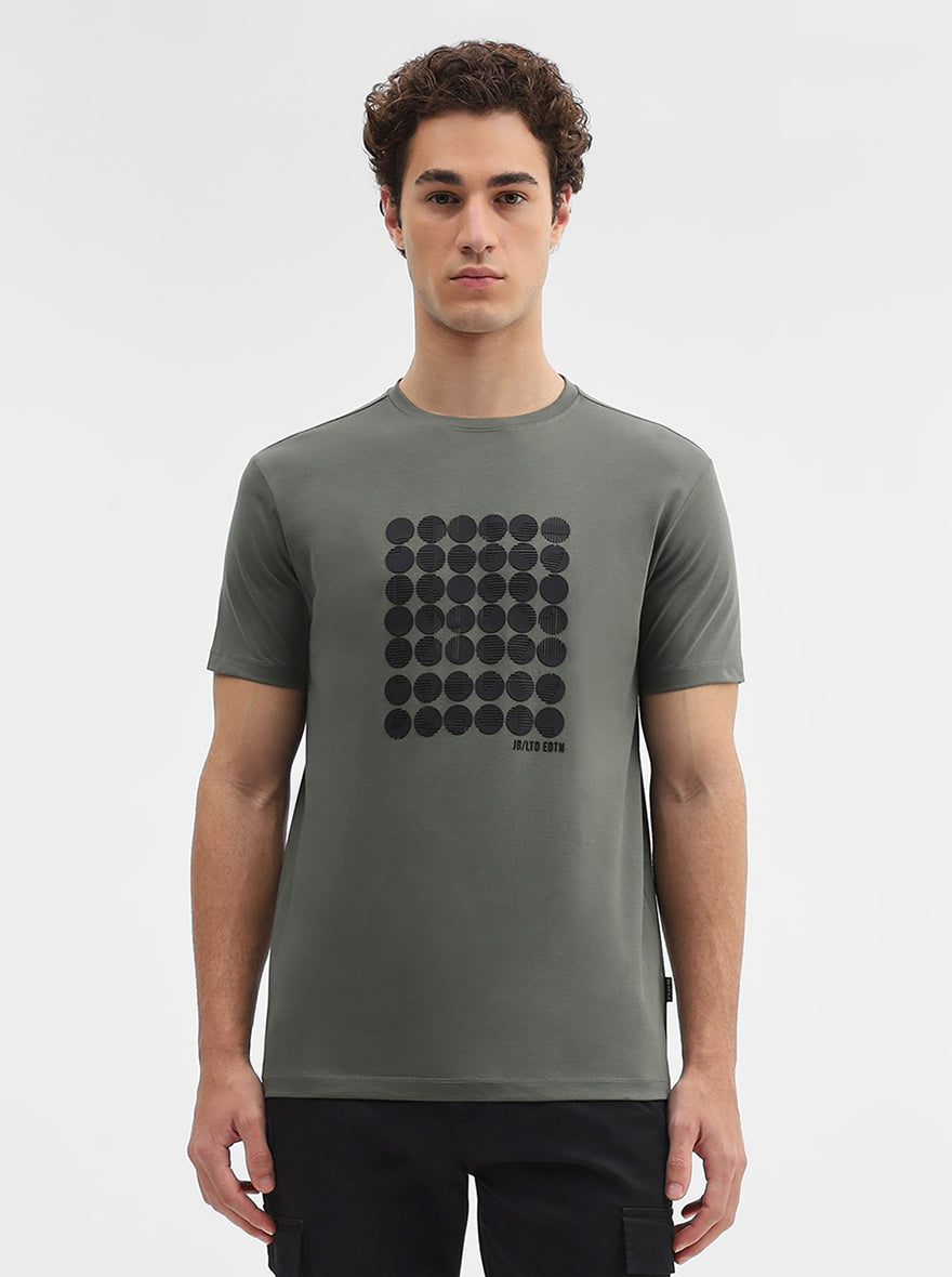 Olive Green Printed Slim Fit T-Shirt | JadeBlue