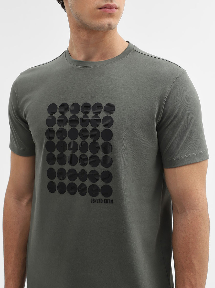 Olive Green Printed Slim Fit T-Shirt | JadeBlue