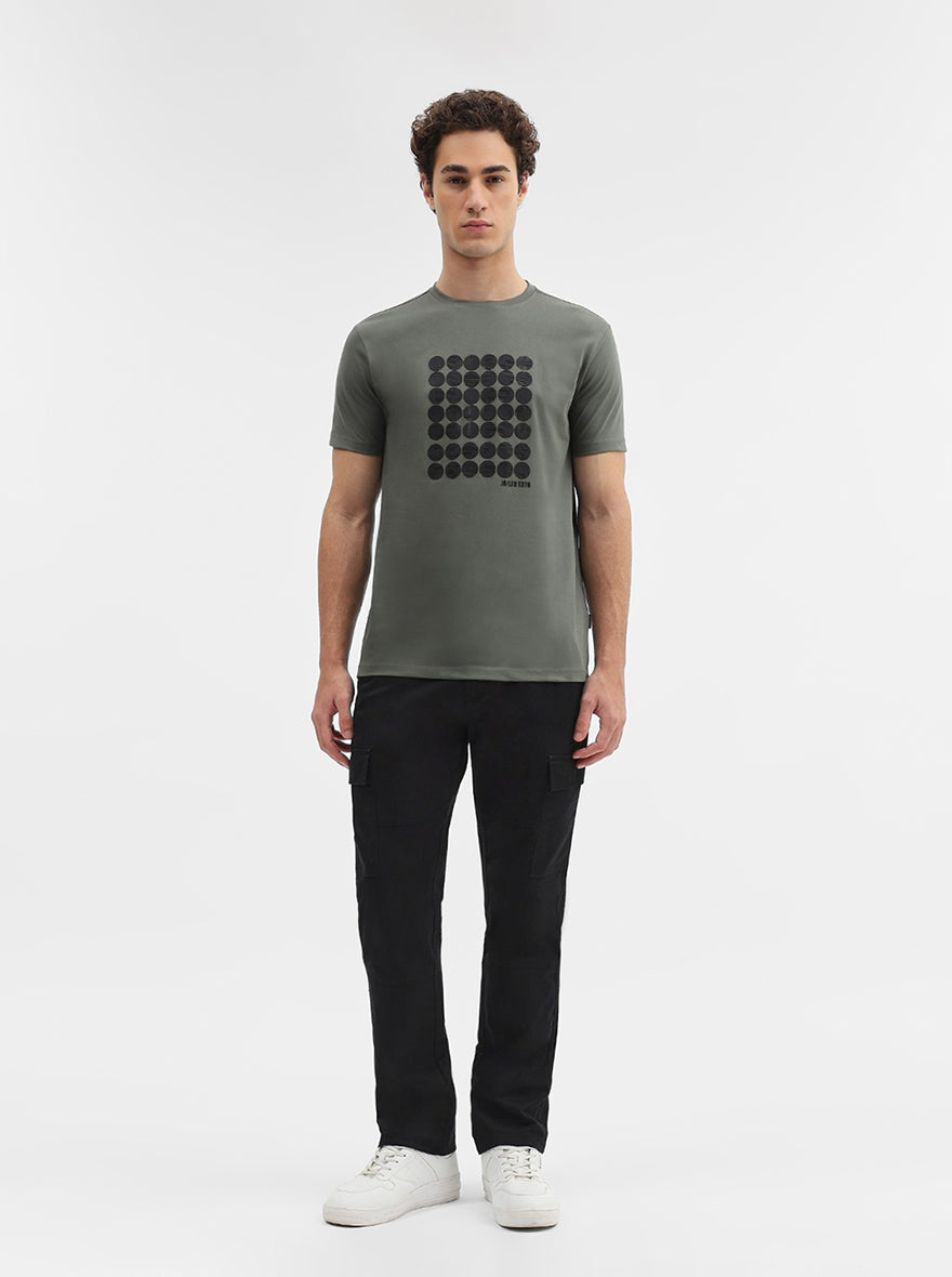 Olive Green Printed Slim Fit T-Shirt | JadeBlue