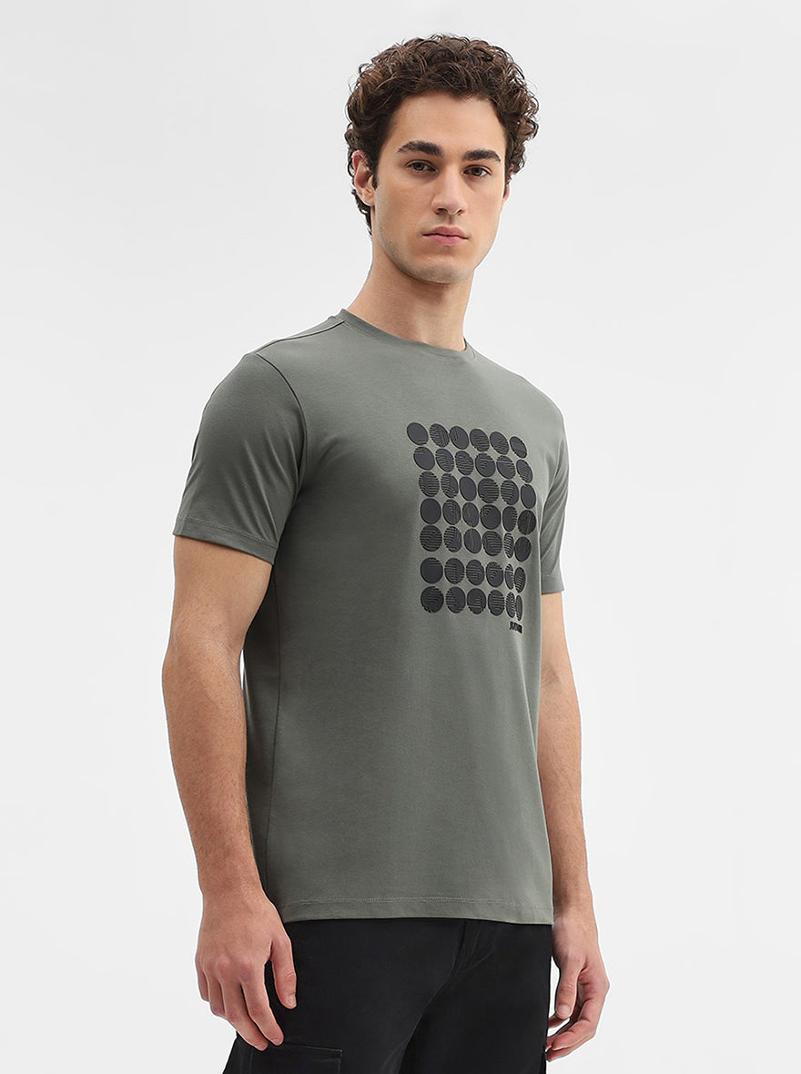 Olive Green Printed Slim Fit T-Shirt | JadeBlue
