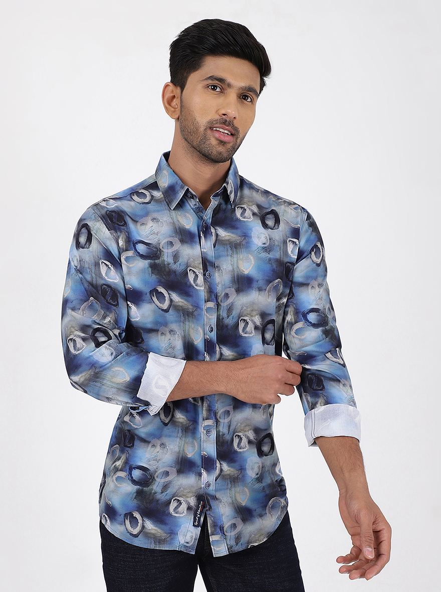 Blue Printed Slim Fit Casual Shirt | JadeBlue
