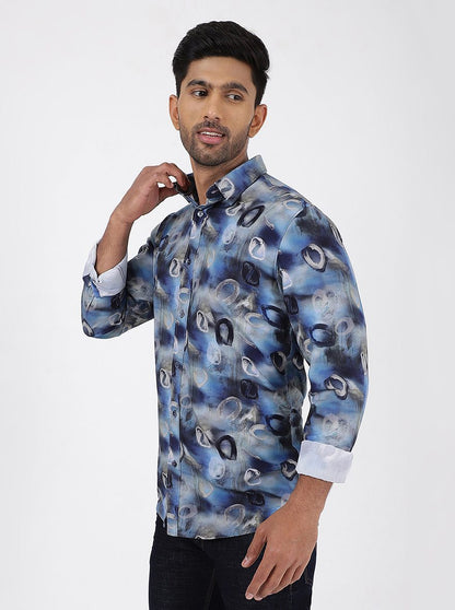 Blue Printed Slim Fit Casual Shirt | JadeBlue