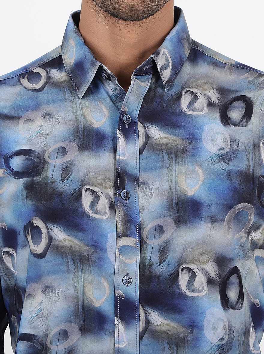 Blue Printed Slim Fit Casual Shirt | JadeBlue