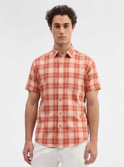 Orange Checked Slim Fit Casual Shirt | JadeBlue